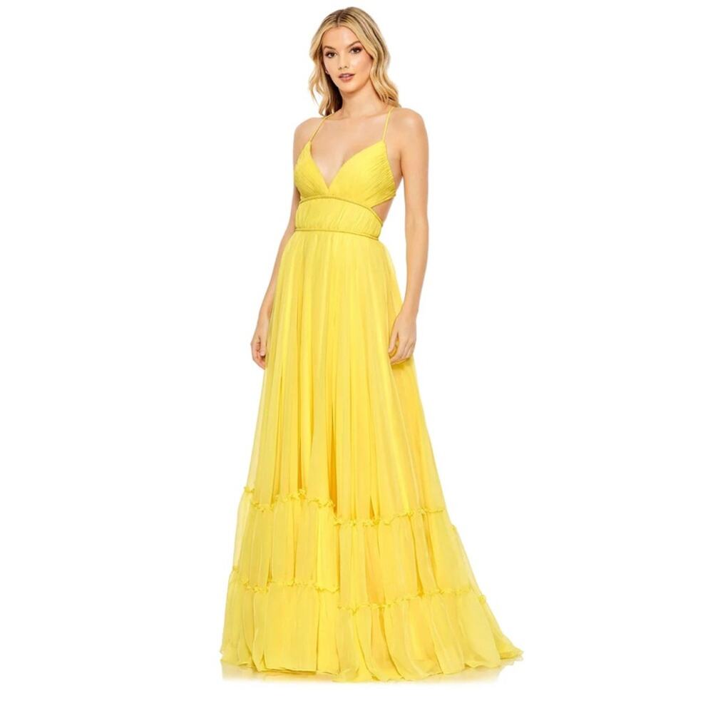 NWT Mac Duggal Tier Cut Out Yellow Chiffon Gown 4 in Buttercup